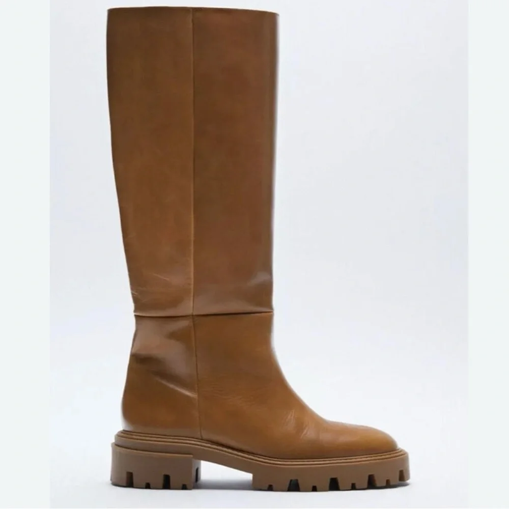 ZARA Flat Knee Brown Tall Leather Boots - Picture 7 of 16